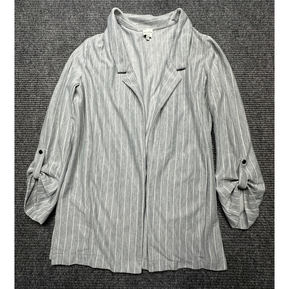 Ellison Jacket Womens Large Gray Striped Open Front Lightweight Roll Tab Sleeves